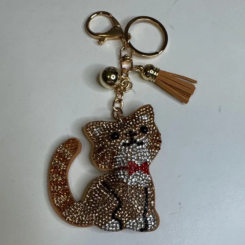 Sparkling Cat Keychain with Gold Accents